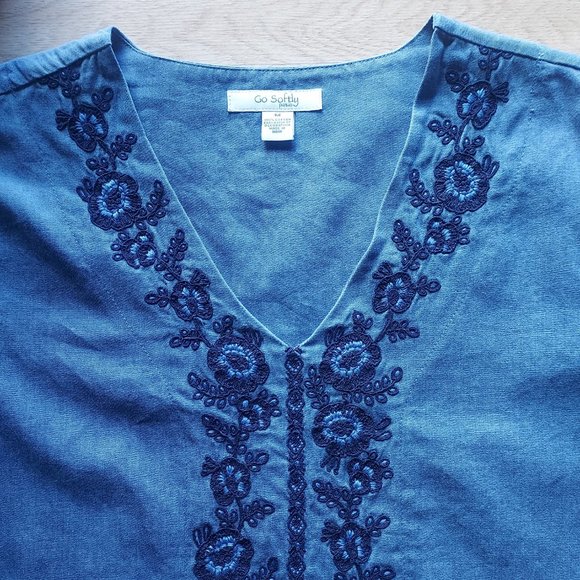 Go Softly Patio Dresses Go Softly Patio Chambray Embroidered Muumuu